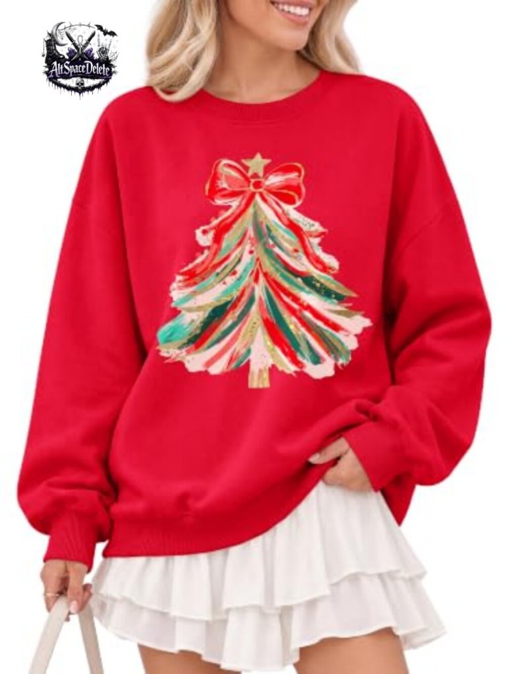 Oversized Christmas Print Crew Neck Sweatshirt Cotton Blend Women